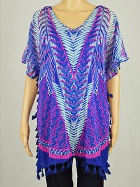 INC International Concepts Blue & Purple V-Neck Tassel Tunic